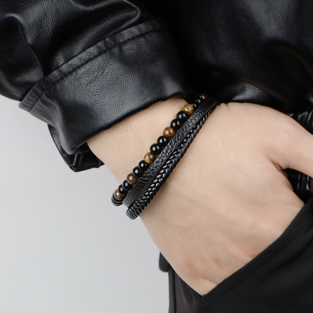 Multilayer Leather Bracelet with Tiger Eye And Lava Natural Beads For Men By Pyjamawala