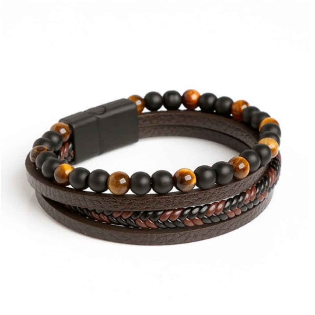 Multilayer Leather Bracelet with Tiger Eye And Lava Natural Beads For Men By Pyjamawala