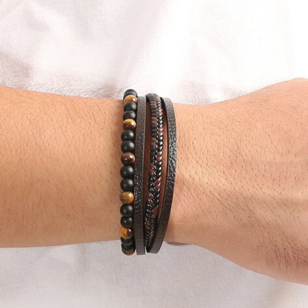 Multilayer Leather Bracelet with Tiger Eye And Lava Natural Beads For Men By Pyjamawala