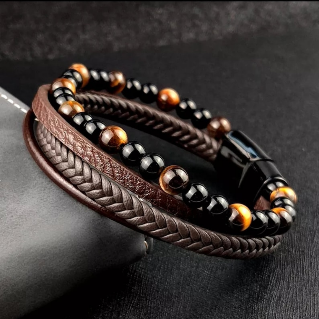 Multilayer Leather Bracelet with Tiger Eye And Lava Natural Beads For Men By Pyjamawala