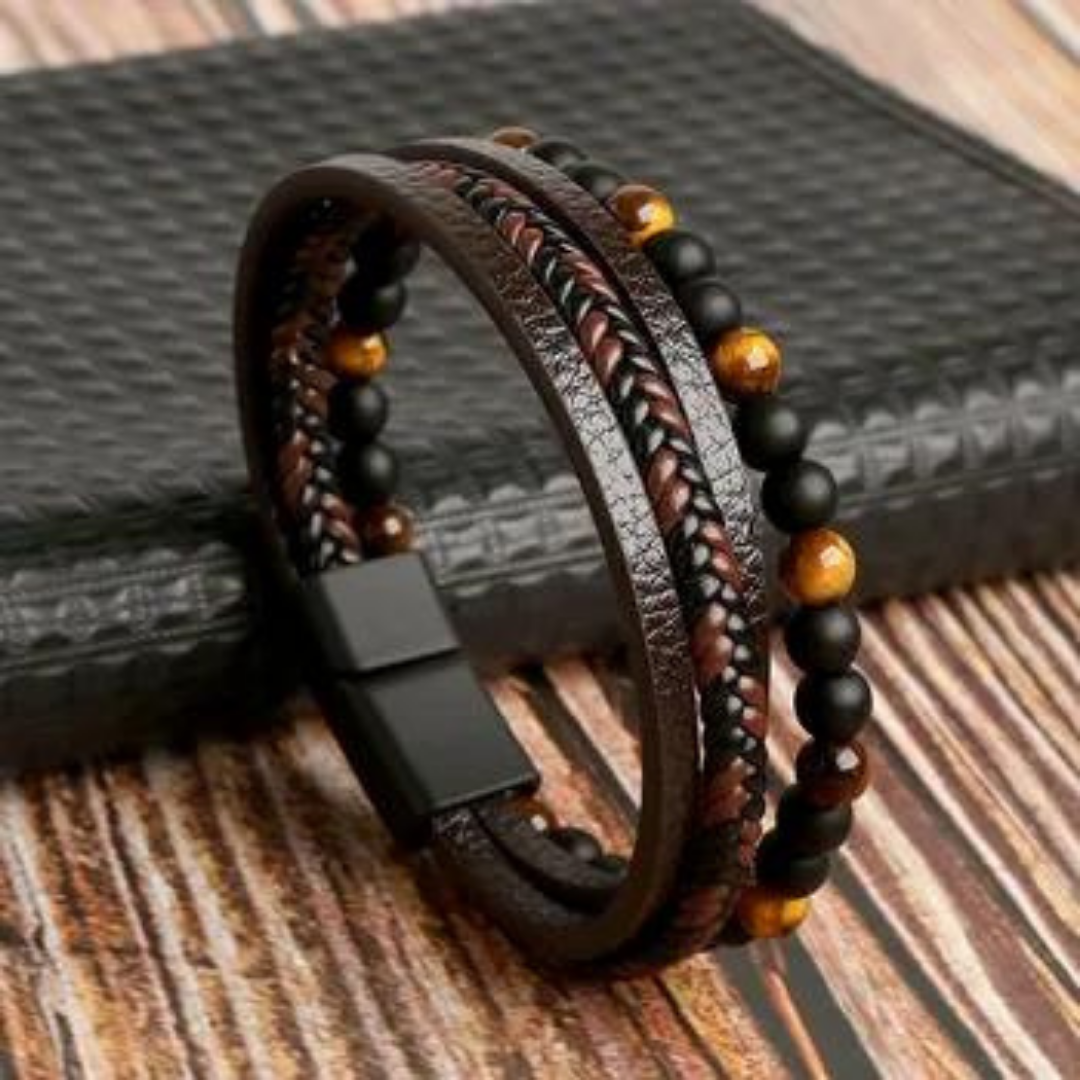 Multilayer Leather Bracelet with Tiger Eye And Lava Natural Beads For Men By Pyjamawala